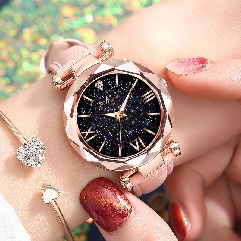 Montre décontractée en cuir pour femme, montre-bracelet à quartz, montre étoilée pour femme et fille
