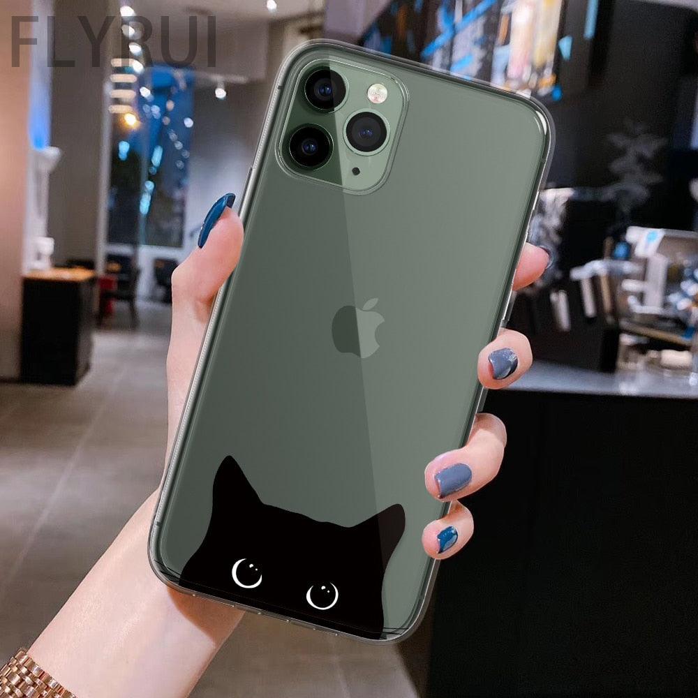 Coque de téléphone transparente avec motif d'animaux de chats noirs mignons pour iPhone 11 13 12 Pro Max 7 8 Plus Se 2020 Housse de protection en silicone souple et flexible, design fin et transparent