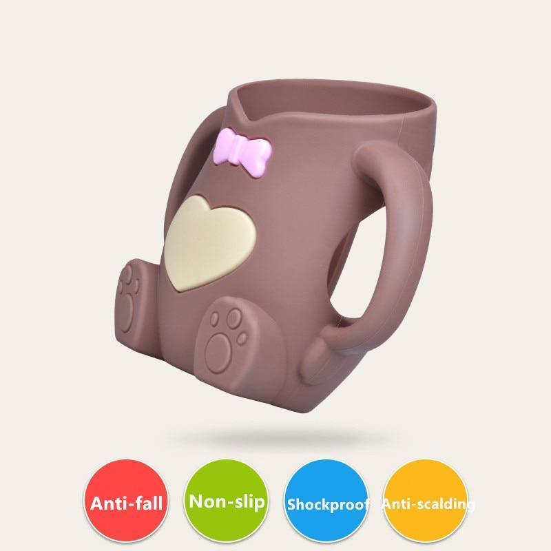 Biberon en verre mignon de dessin animé pour bébé, biberon en silicone sûr avec poignée, biberons colorés pour l'apprentissage du nouveau-né