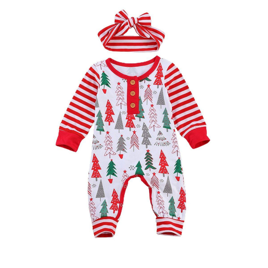 Bébés Filles Garçons Noël Barboteuses Bandeau Combinaisons 2 Pièces Imprimé Père Noël Arbre Nouvel An Bébé Barboteuse