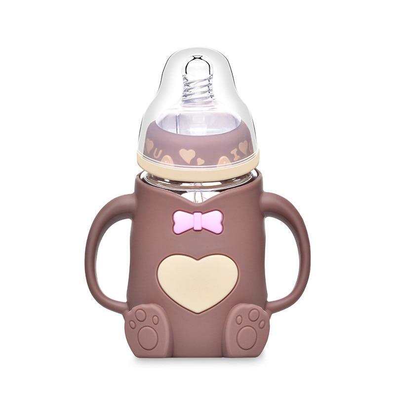 Biberon en verre mignon de dessin animé pour bébé, biberon en silicone sûr avec poignée, biberons colorés pour l'apprentissage du nouveau-né