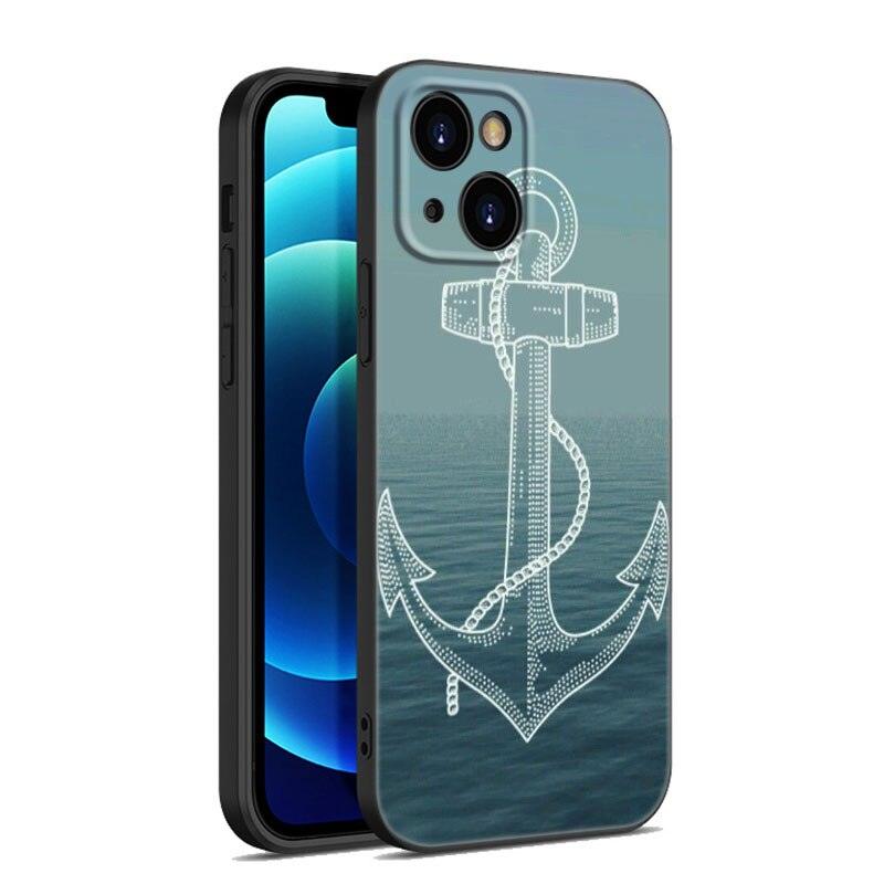 Coque de téléphone à roue de bateau ancre pour iPhone 13 12 Mini 11 Pro XS Max XR X 8 7 6S 6 Plus 5S 5 SE 2020 Housse noire Coque arrière rigide d'ancre personnalisée
