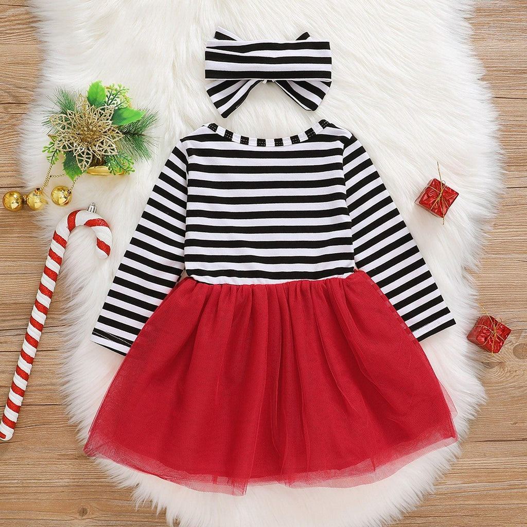 Bébé Filles Noël Père Noël Robe Rayée Imprimée + Bandeau Tenue de Princesse de Fête Excellent Look