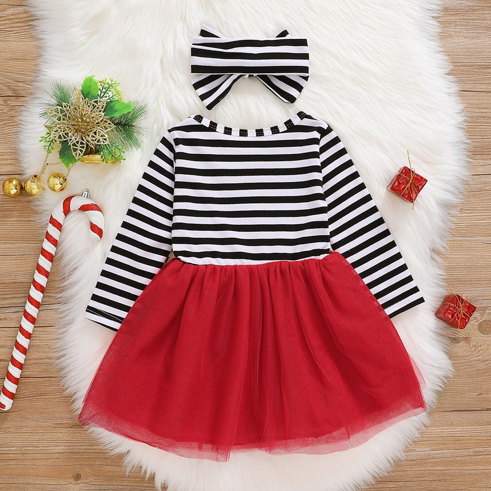 Bébé Filles Noël Père Noël Robe Rayée Imprimée + Bandeau Tenue de Princesse de Fête Excellent Look
