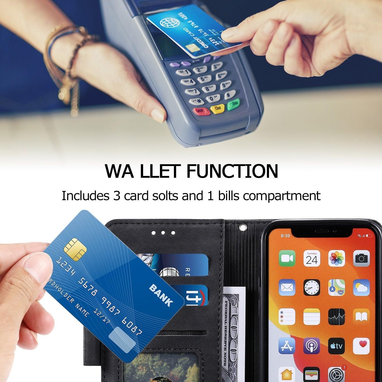 Étui portefeuille de luxe en cuir magnétique à rabat pour iPhone 14 13 12 Mini 11 Pro SE, avec porte-cartes, béquille, fentes pour cartes et argent, protection intégrale à 360°