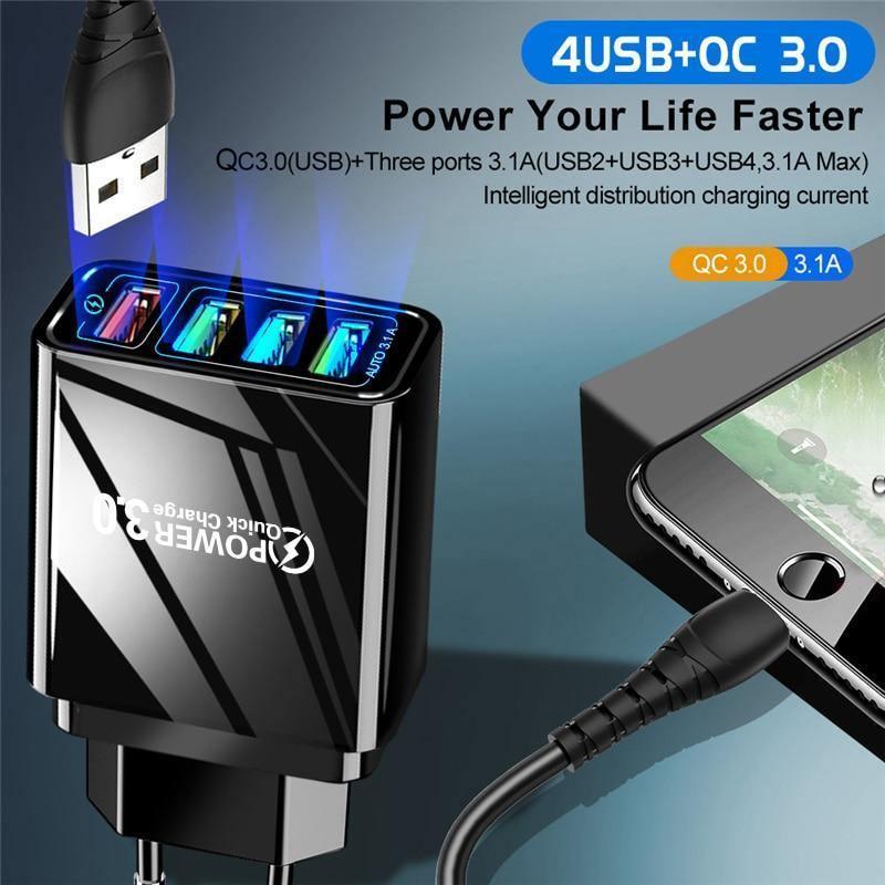 Chargeur Mural USB pour Téléphone Portable à Charge Rapide, Noir Moderne, 48W, Quick Charge 3.0