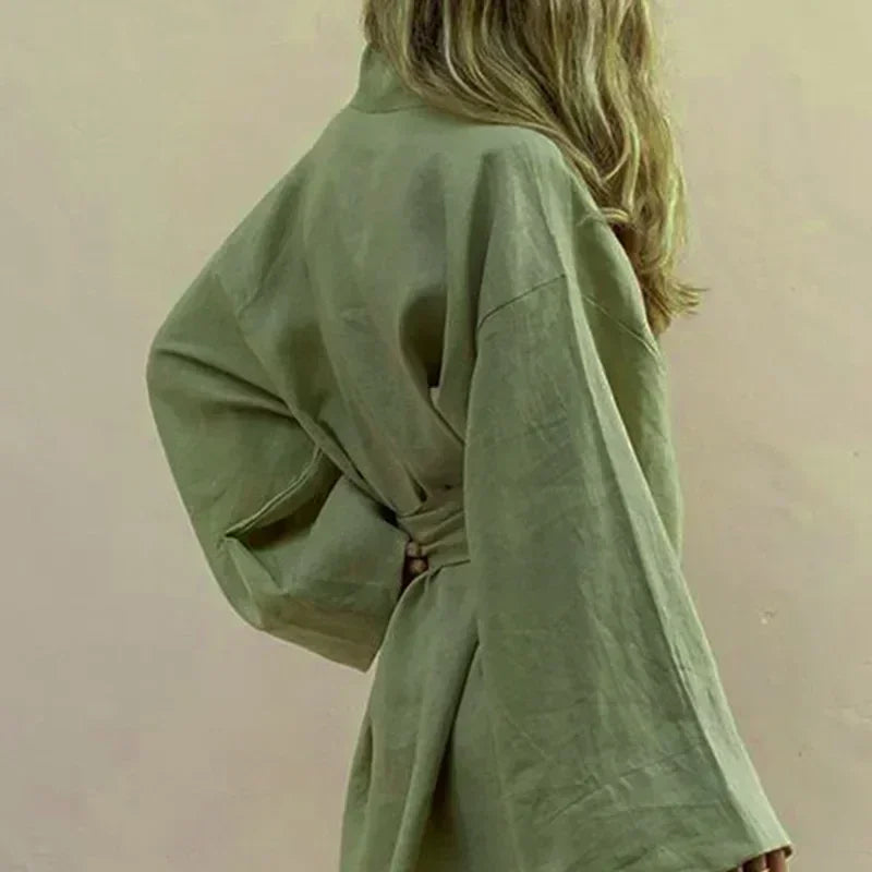 Cardigan Kimono Col V Femme, Robe Courte en Coton et Lin à Manches Longues, avec Ceinture, Style Robe de Chambre, Lacets, Été, Ample, Vestidos