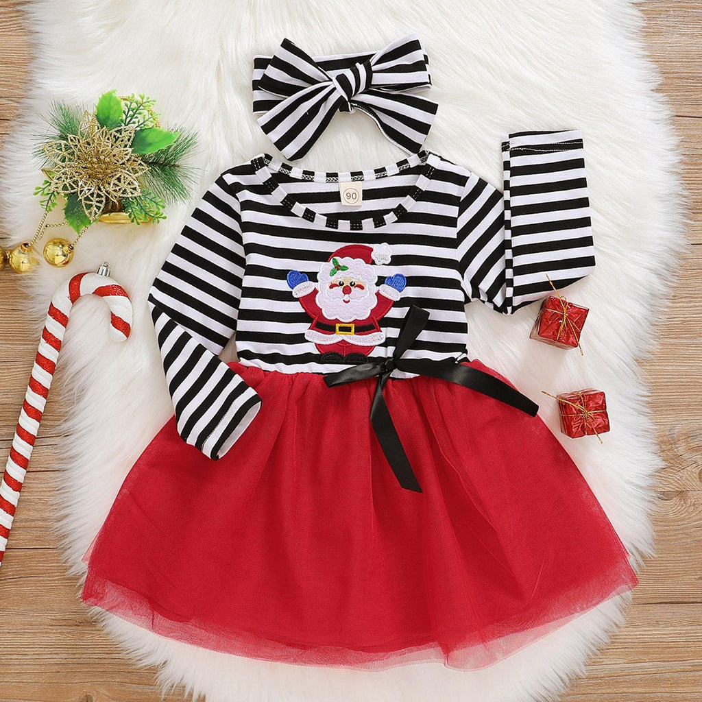 Bébé Filles Noël Père Noël Robe Rayée Imprimée + Bandeau Tenue de Princesse de Fête Excellent Look