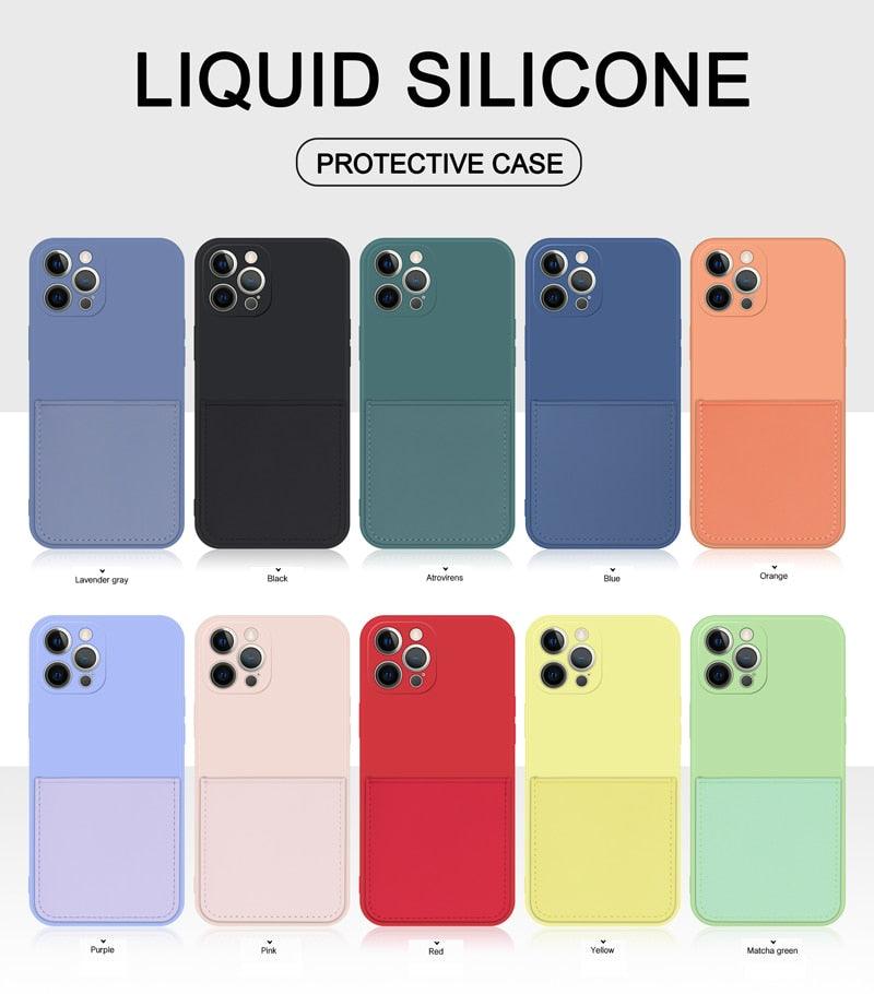 Coque de téléphone portefeuille simple en silicone pour iPhone 13 12 11 Pro Max Mini avec porte-cartes, coque de protection intégrale classique en silicone, anti-rayures et antichoc