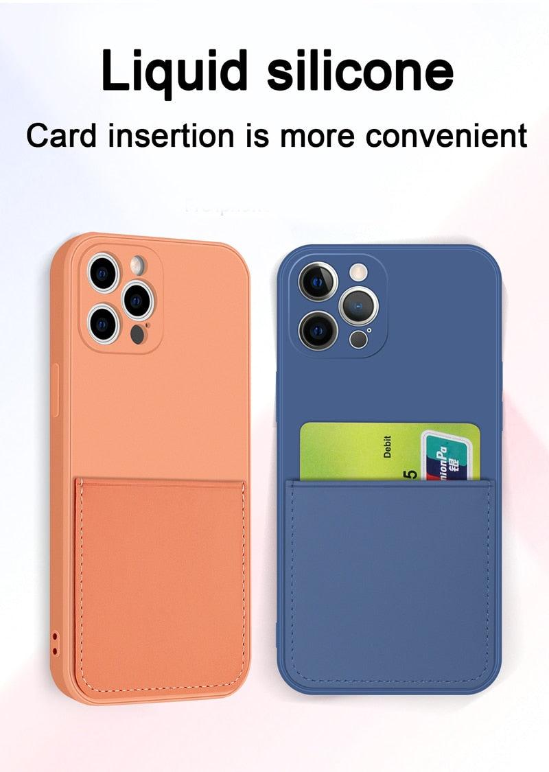 Coque de téléphone portefeuille simple en silicone pour iPhone 13 12 11 Pro Max Mini avec porte-cartes, coque de protection intégrale classique en silicone, anti-rayures et antichoc