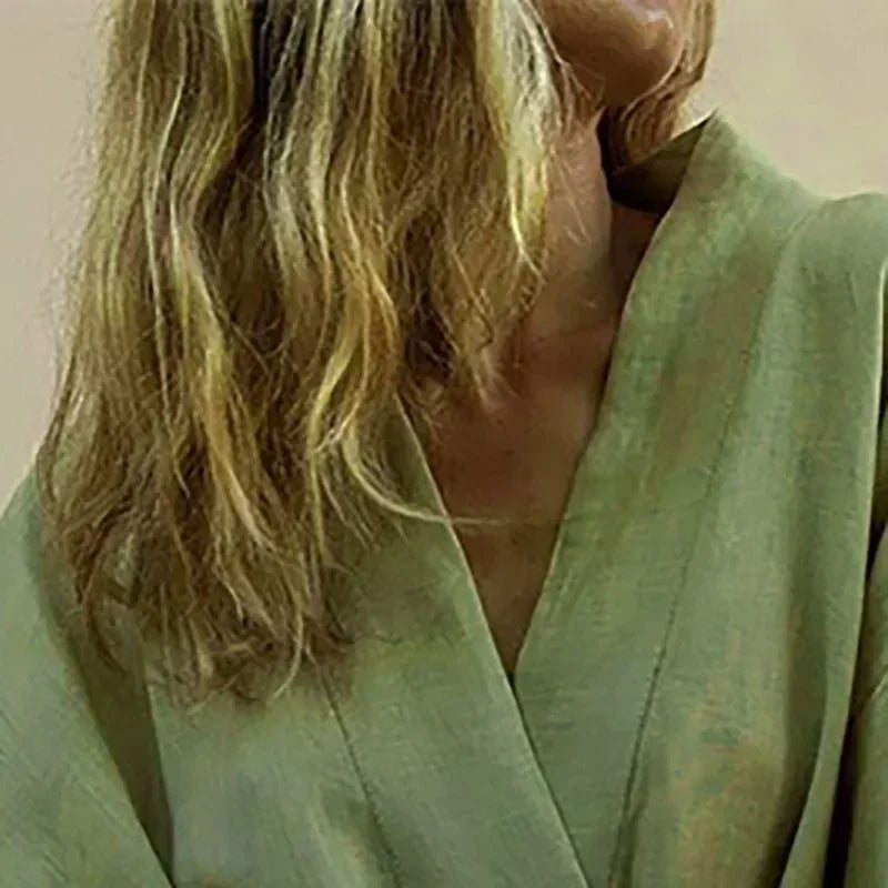Cardigan Kimono Col V Femme, Robe Courte en Coton et Lin à Manches Longues, avec Ceinture, Style Robe de Chambre, Lacets, Été, Ample, Vestidos