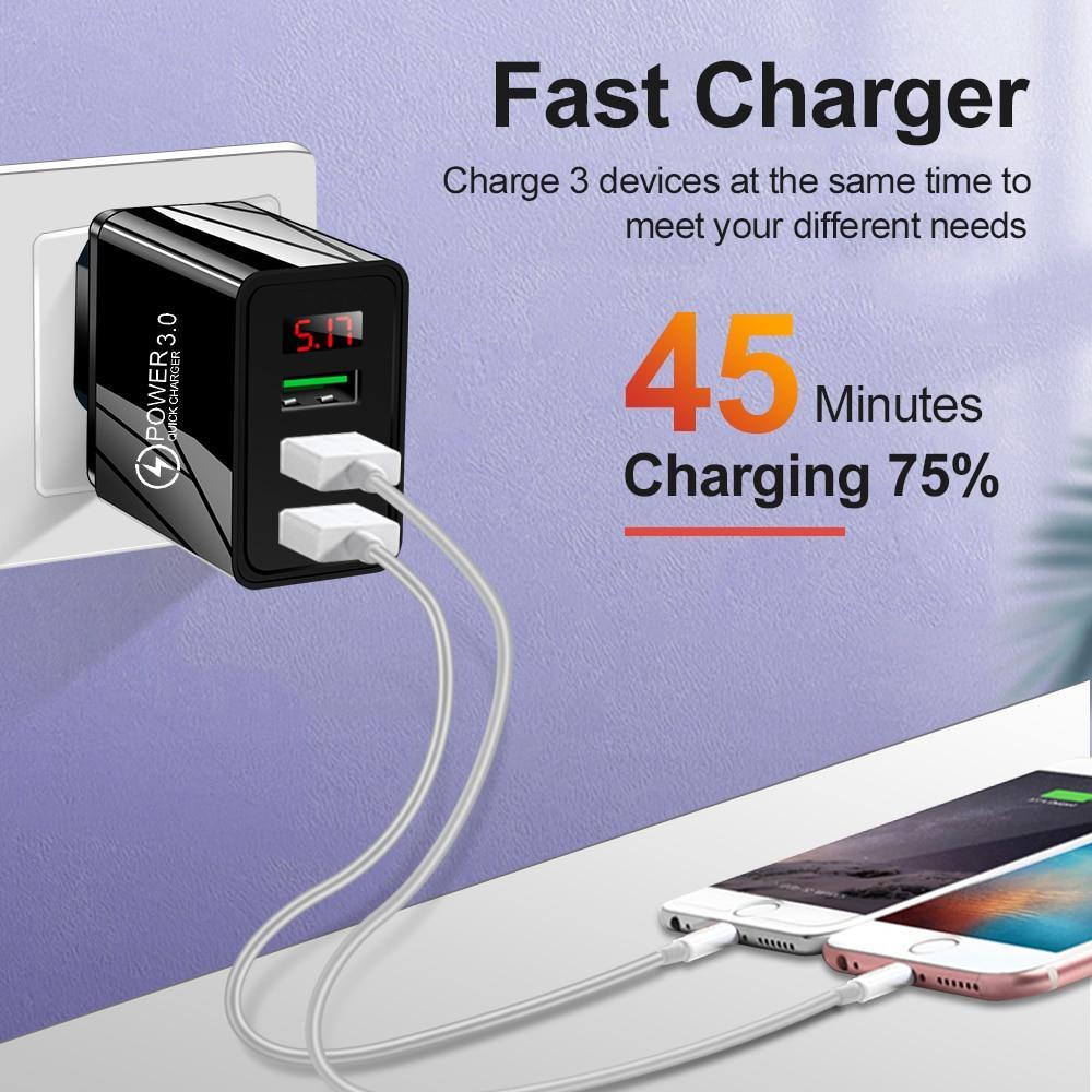Chargeur Mural USB Portable Charge Rapide 3.0 avec Écran LED et 3 Ports USB 3A - Adaptateur Charge Rapide pour Téléphone Portable Noir et Blanc Moderne