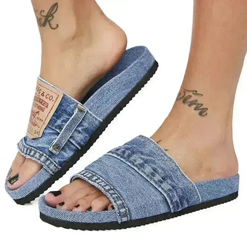 Sandales Plates Rondes en Jean pour Femme Bleu/Noir