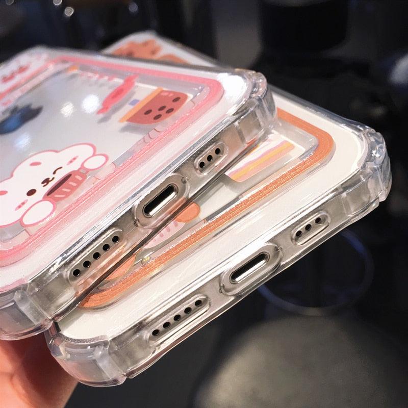 Étui de téléphone transparent en forme d'ours et de lapin orange mignon pour iPhone 14 Pro Max 13 12 11 X XR XS 7 8 Plus avec porte-cartes portefeuille et protection antichoc, étui souple pour iPhone de dessin animé