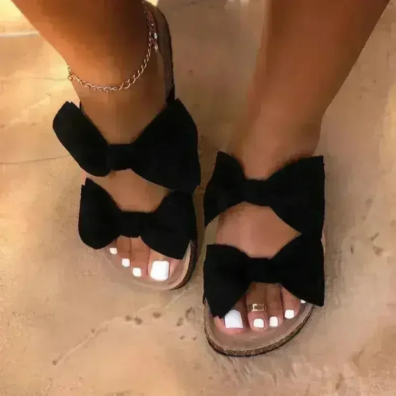 Sandales plates femme 2 brides confortables à nœud noires