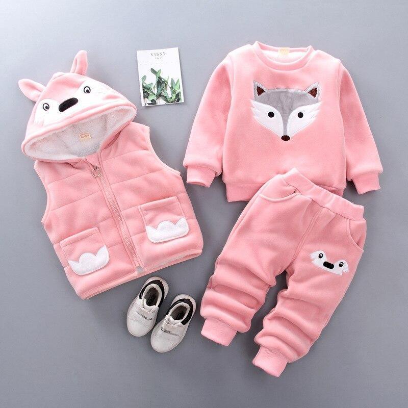 Vêtements pour bébé épais et chauds d'hiver, ensemble trois pièces avec pull à capuche imprimé ours et renard de dessin animé pour bébé fille, pull et pantalon