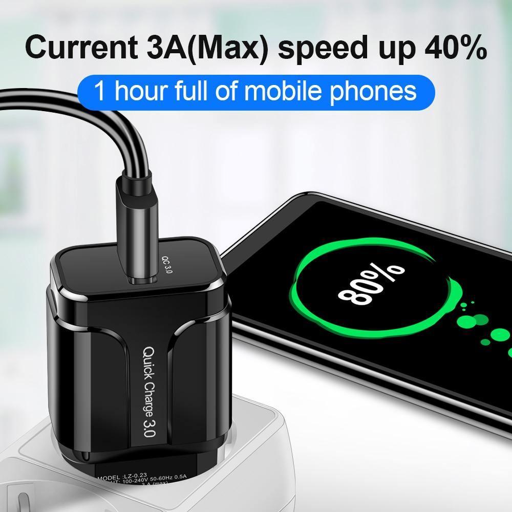Chargeur USB 3A noir Quick Charge 3.0 Adaptateur secteur mural UE pour téléphone portable Charge rapide QC3.0