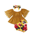 Tenues élégantes de luxe fleuries pour bébés filles nouveau-nés et tout-petits, comprenant un haut solide à épaules dénudées, un short fleuri et un bandeau avec nœud.