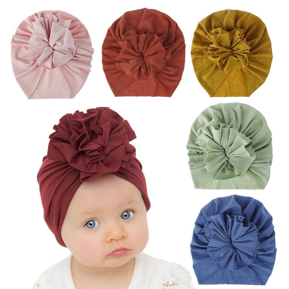 Turban pour bébé fille en coton tricoté, fait main avec fleur plissée, style élégant