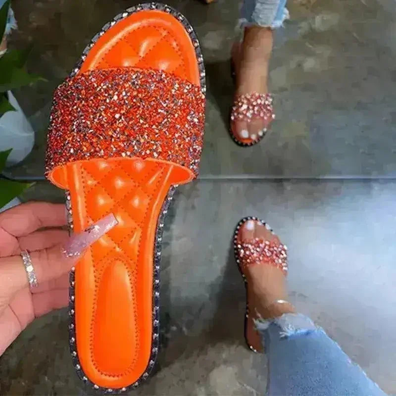 Crystal Chaussons Femme Bling Bling Sandales Plates Chaussures de Plage Été