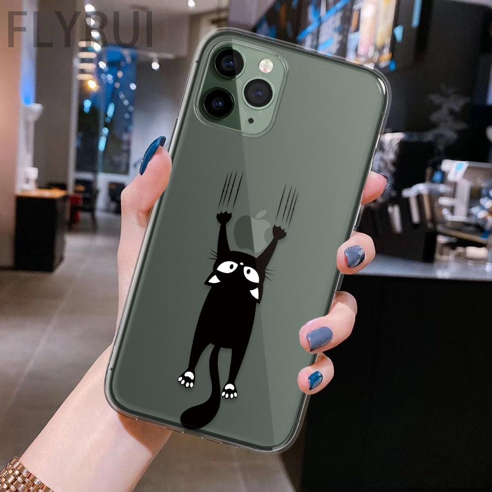 Coque de téléphone transparente avec motif d'animaux de chats noirs mignons pour iPhone 11 13 12 Pro Max 7 8 Plus Se 2020 Housse de protection en silicone souple et flexible, design fin et transparent