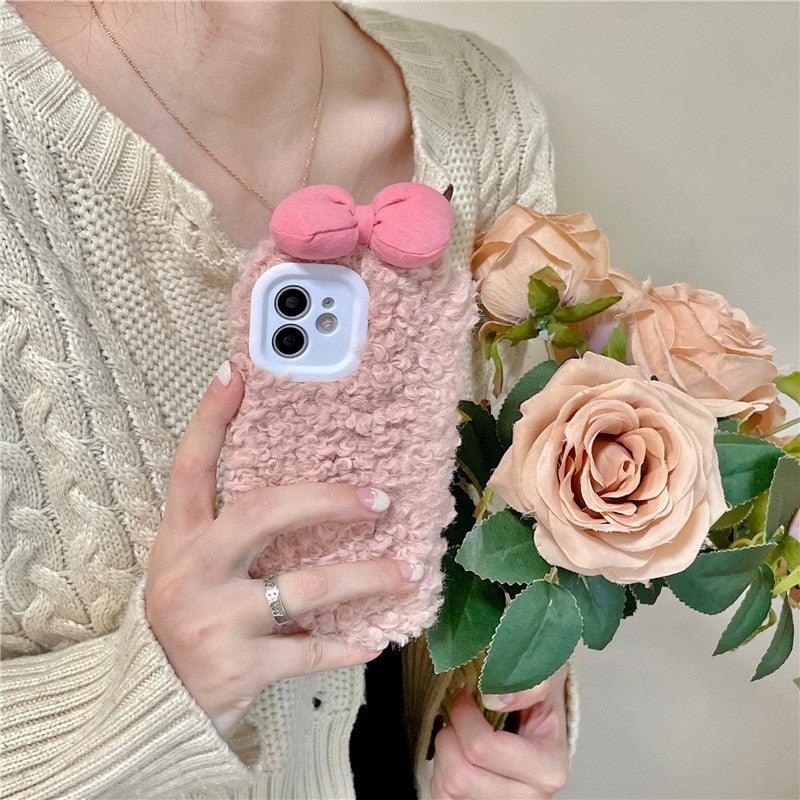 Étui Housse Douce et Chaude Pour Iphone 13 12 11 Pro Xs Max X Xr Coques Dessin Animé 3D Nœud Oreille Housse Douce et Chaude en Fourrure Pour Iphone 7plus 8plus 12pro Étui Téléphone