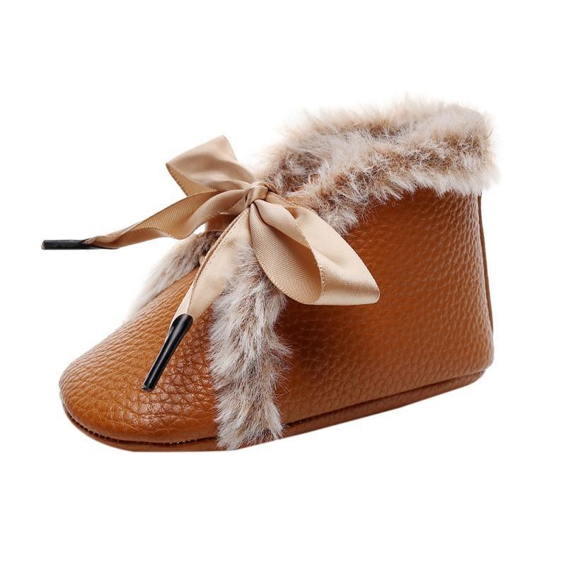 Bottes Bébé en PU Hiver Antidérapantes Chaudes Premiers Pas Semelle Souple Chaussons Bébé Nœud Papillon à Lacets