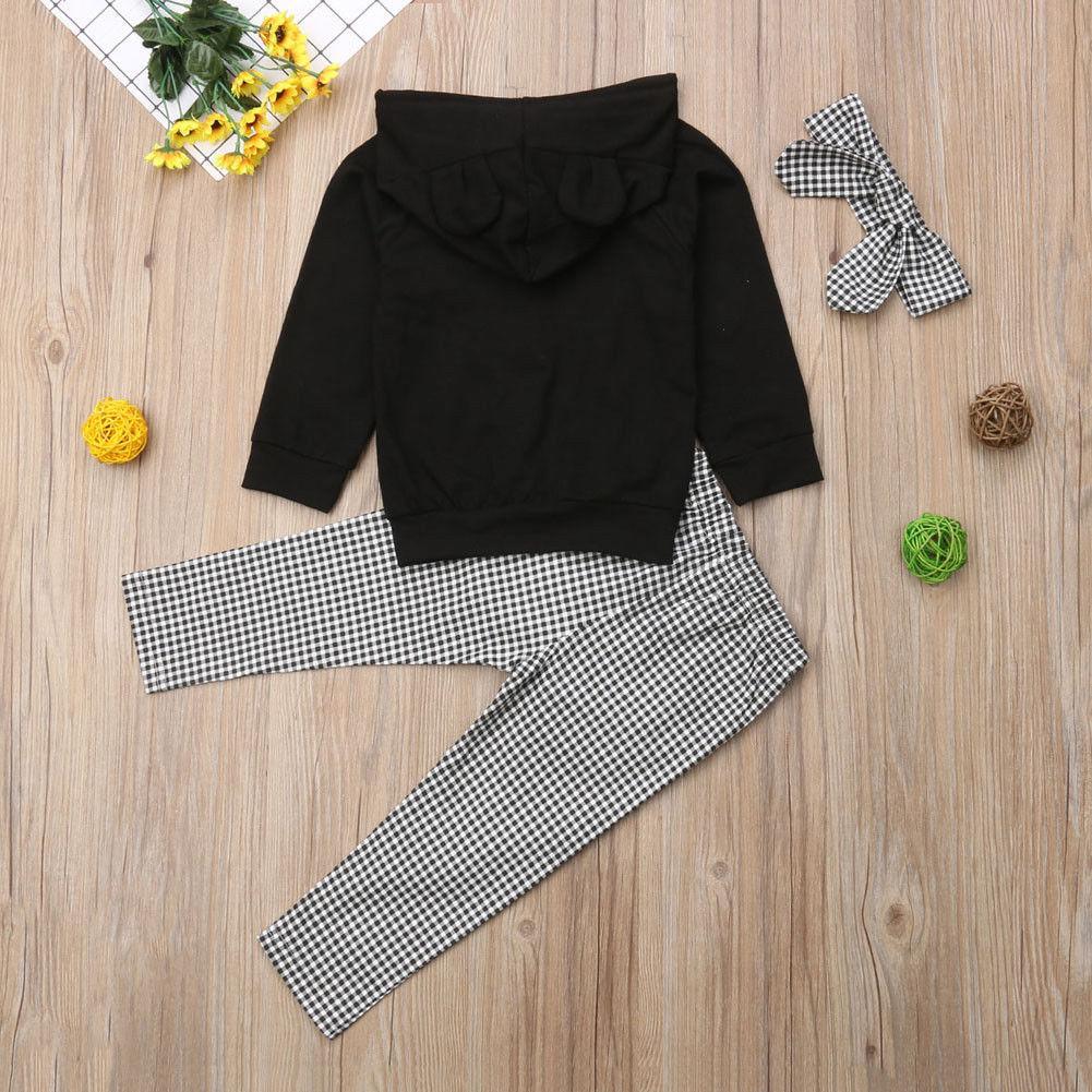 Ensembles de vêtements d'hiver 1-6 ans pour bébés filles, hauts à capuche noirs et pantalons à carreaux à volants avec bandeau, style moderne et nouveau