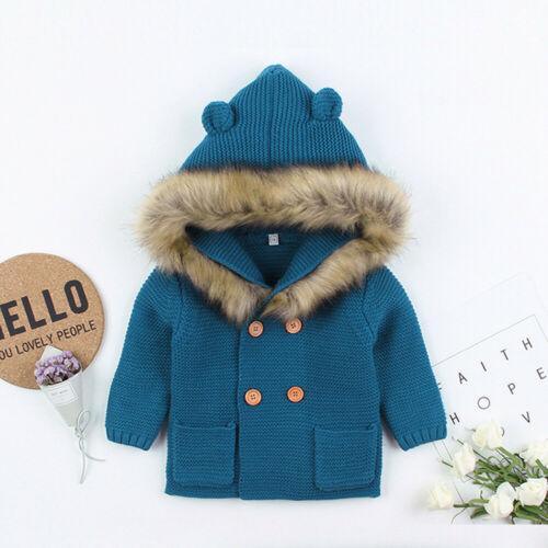 Manteau à capuche en tricot chaud d'hiver de luxe moderne pour nouveau-né garçon ou fille, avec col en fourrure pour garçons et filles