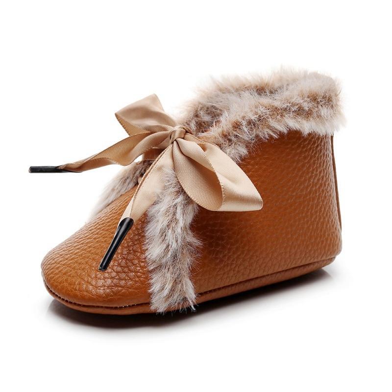 Bottes Bébé en PU Hiver Antidérapantes Chaudes Premiers Pas Semelle Souple Chaussons Bébé Nœud Papillon à Lacets