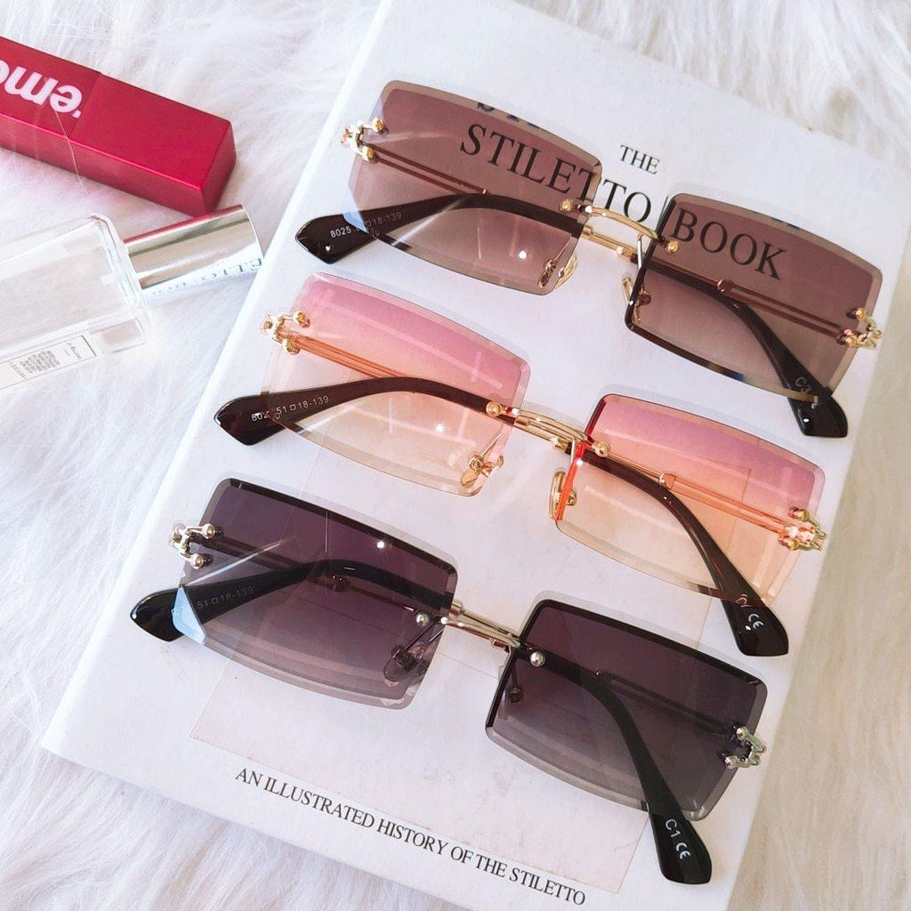 Lunettes de soleil tendance pour femmes sans monture, petits verres rectangulaires, monture en métal de haute qualité et protection UV400