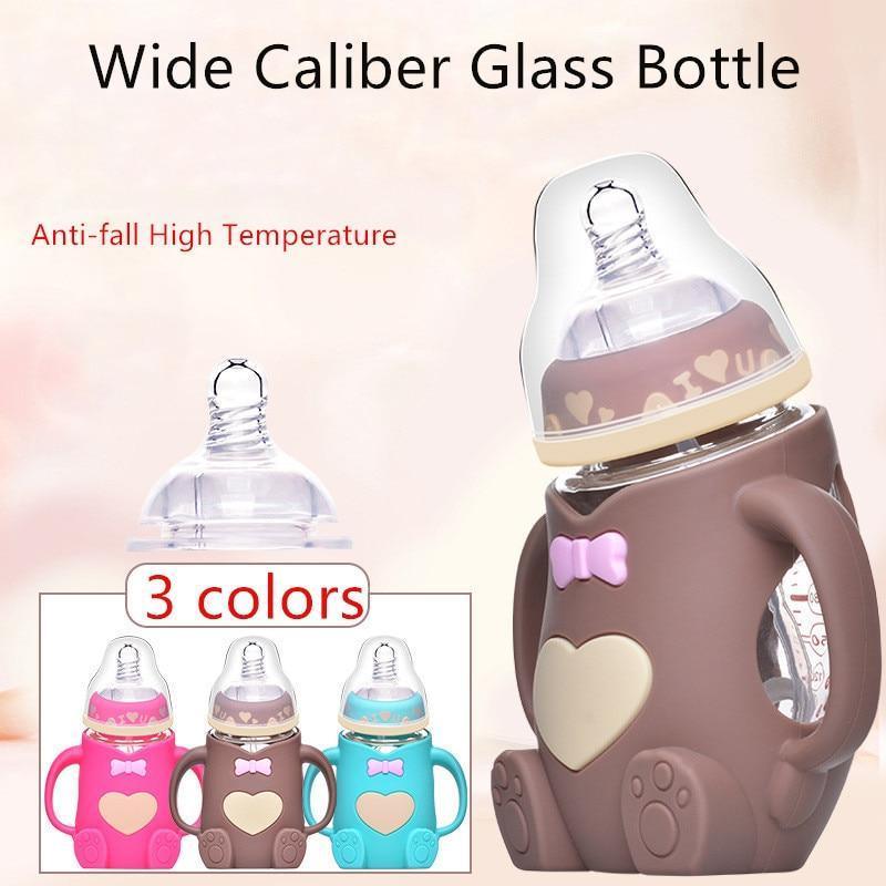 Biberon en verre mignon de dessin animé pour bébé, biberon en silicone sûr avec poignée, biberons colorés pour l'apprentissage du nouveau-né