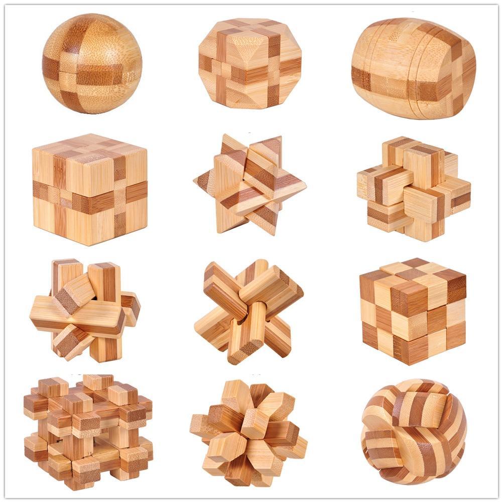 Casse-têtes 3D en bois imbriqués (12 styles) – Jeu en bambou petite taille pour adultes et enfants