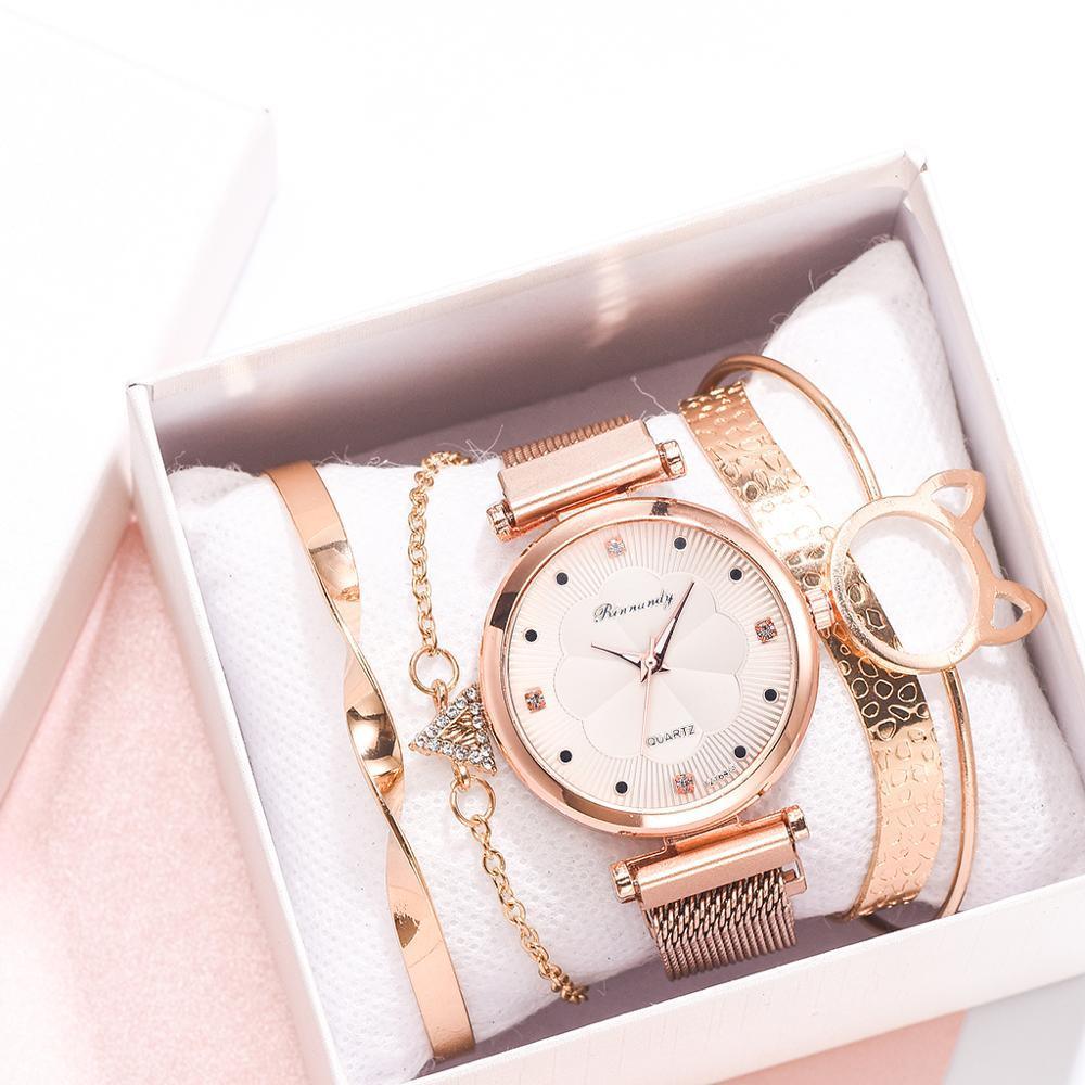 Ensemble Mode Montres Femme Luxe Boucle Magnétique Fleur Strass Montre Dames Quartz Montre-Bracelet Avec Bracelet En Ensemble Pour Femmes et Filles