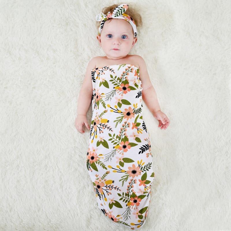 Ensemble de Langes Couverture d'Emmaillotage Accessoires de Photographie Nouveau-né Bébé Garçon Fille Robe Cache-couche Imprimé Floral avec Nœud et Bandeau