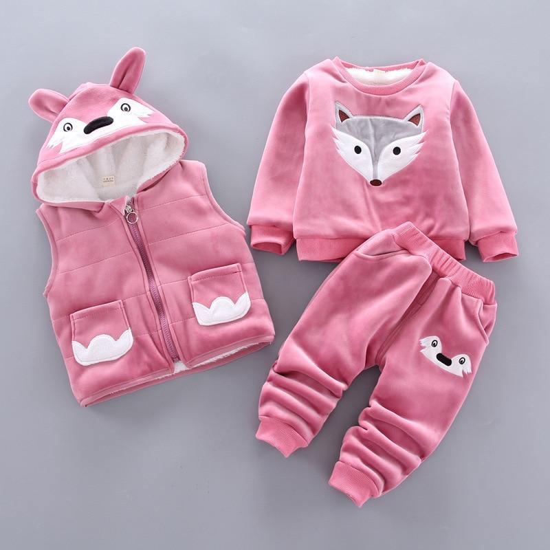Vêtements pour bébé épais et chauds d'hiver, ensemble trois pièces avec pull à capuche imprimé ours et renard de dessin animé pour bébé fille, pull et pantalon