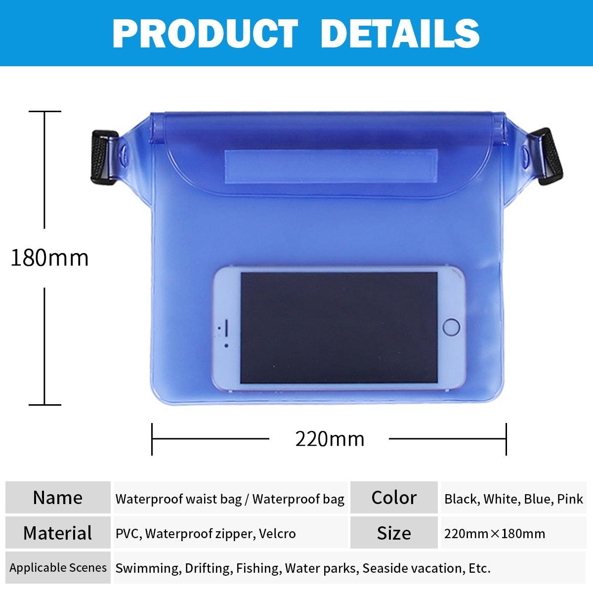 Sac de natation étanche 3 couches Sac de plage de plongée étanche à l'eau Sac de taille pour téléphone portable sous-marin Étui étanche avec ceinture réglable Étui confortable pour téléphone