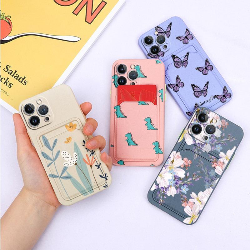 Magnifiques étuis en silicone souple anti-rayures pour iPhone 13 Pro Max. Étui portefeuille en silicone avec porte-cartes pour iPhone 13 Mini, 13ProMax, 13Pro. Étui iPhone avec porte-cartes, motif fleur et papillon.