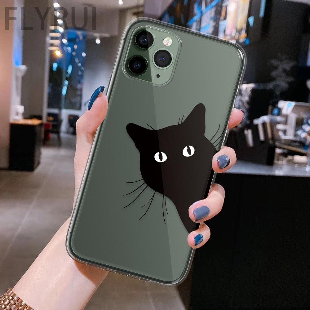Coque de téléphone transparente avec motif d'animaux de chats noirs mignons pour iPhone 11 13 12 Pro Max 7 8 Plus Se 2020 Housse de protection en silicone souple et flexible, design fin et transparent
