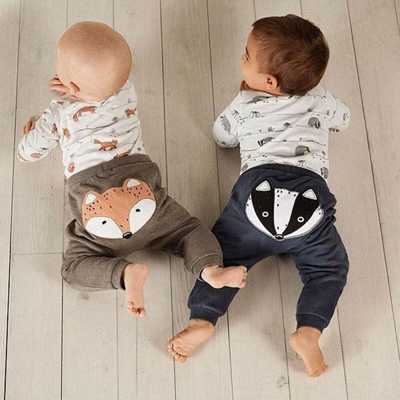 Tenues d'automne de luxe modernes pour bébés garçons et filles - Hauts, barboteuse et pantalon long imprimé renard