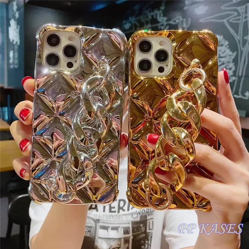 Bracelet Électroplaqué Plaqué Or de Luxe Compatible avec Coque iPhone Diamant Mignonne Étincelante de Luxe Paillettes Strass Coque Téléphone Pour iPhone 14 13 Promax 11 12 Pro Max Mini Xs Max XR 8 7 Plus Housse Miroir
