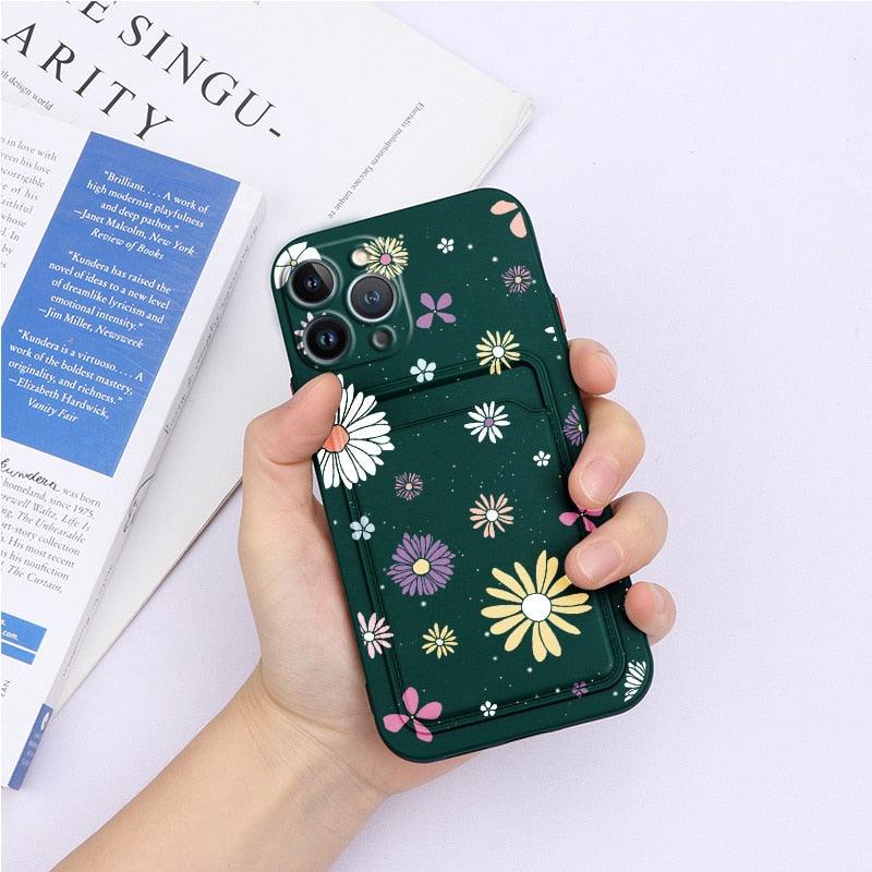 Magnifiques étuis en silicone souple anti-rayures pour iPhone 13 Pro Max. Étui portefeuille en silicone avec porte-cartes pour iPhone 13 Mini, 13ProMax, 13Pro. Étui iPhone avec porte-cartes, motif fleur et papillon.