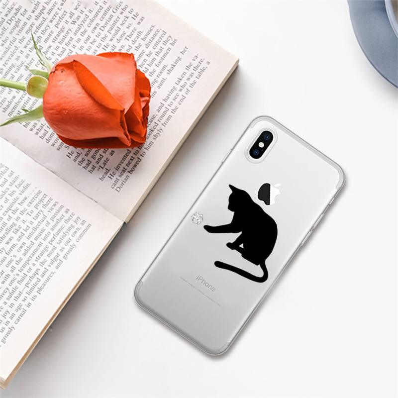 Coque de téléphone mignon chat noir pour iPhone 13 11 12 Pro XS MAX 8 7 6 6S Plus X 5S SE 2020 XR – Étui de téléphone antichoc souple, brillant et élégant avec un chat mignon