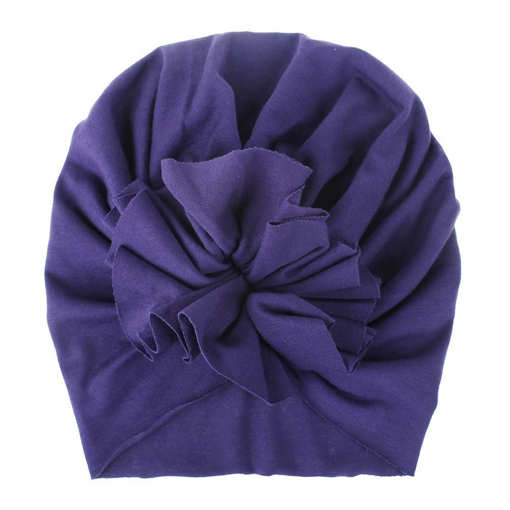 Turban pour bébé fille en coton tricoté, fait main avec fleur plissée, style élégant