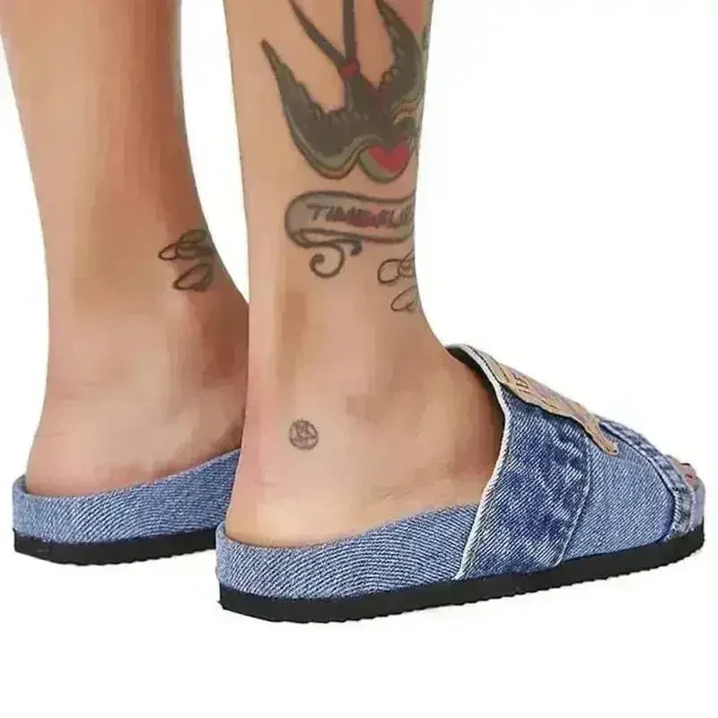 Sandales Plates Rondes en Jean pour Femme Bleu/Noir