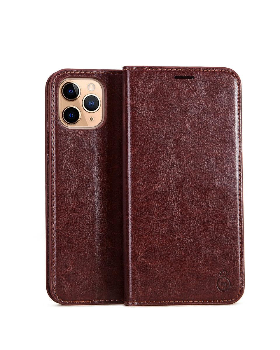 Étui portefeuille de luxe en cuir véritable marron pour iPhone, avec support et porte-cartes, pour iPhone 14 13