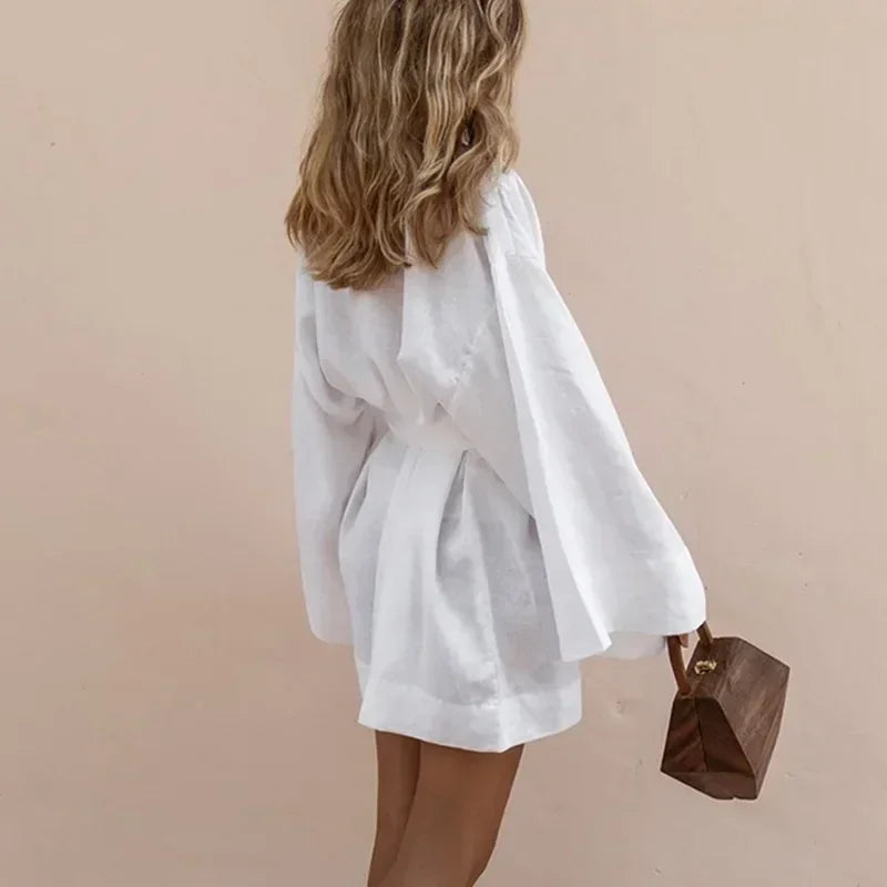 Cardigan Kimono Col V Femme, Robe Courte en Coton et Lin à Manches Longues, avec Ceinture, Style Robe de Chambre, Lacets, Été, Ample, Vestidos