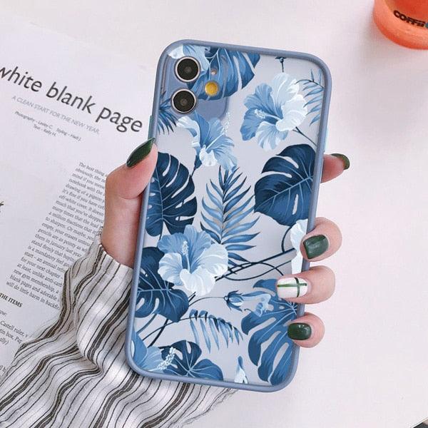 Coque de téléphone à motif floral vert pour iPhone 11, 12, 13, 14 Pro Max, coque rigide antichoc, motif tropical fin et brillant avec feuilles de palmier vertes