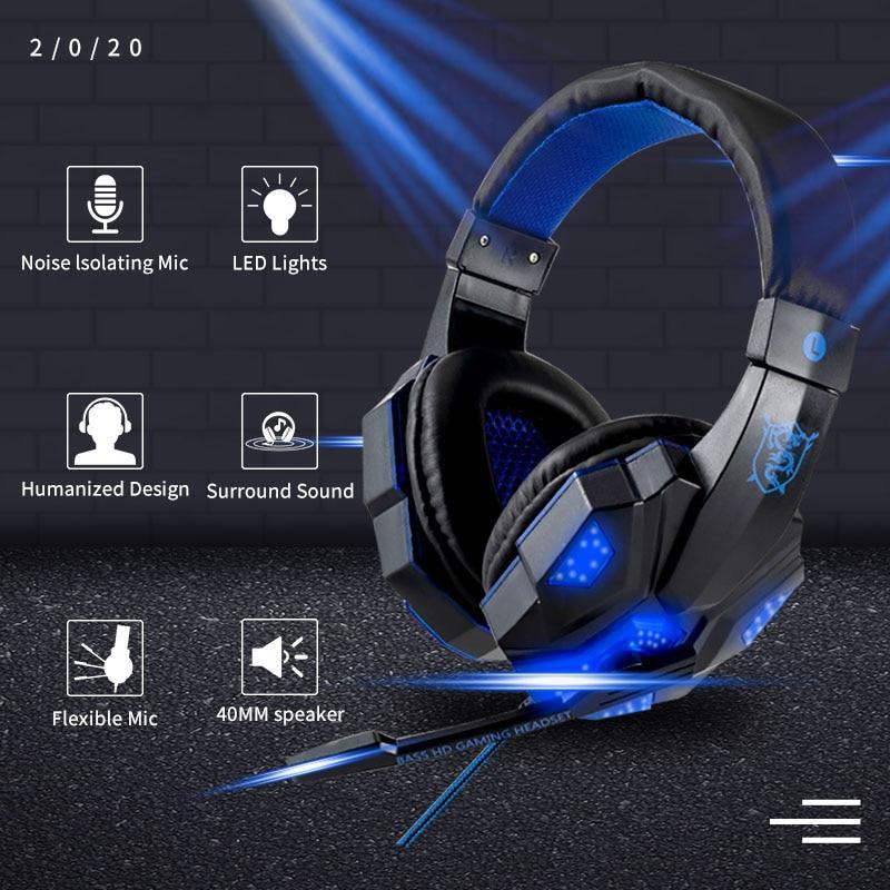 Casque de jeu professionnel lumineux à LED pour ordinateur, basse réglable, stéréo PC Gamer, filaire, supra-auriculaire, avec micro