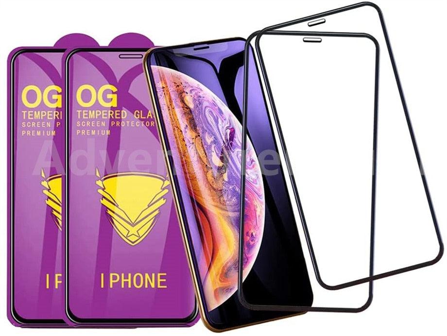 Lot de 3 protections d'écran en verre trempé OG pour iPhone 14 13 12 11 Pro XS Max X XR, avec colle intégrale, bordures incurvées, couverture complète pour iPhone 7 8, protection d'écran en verre pour iPhone